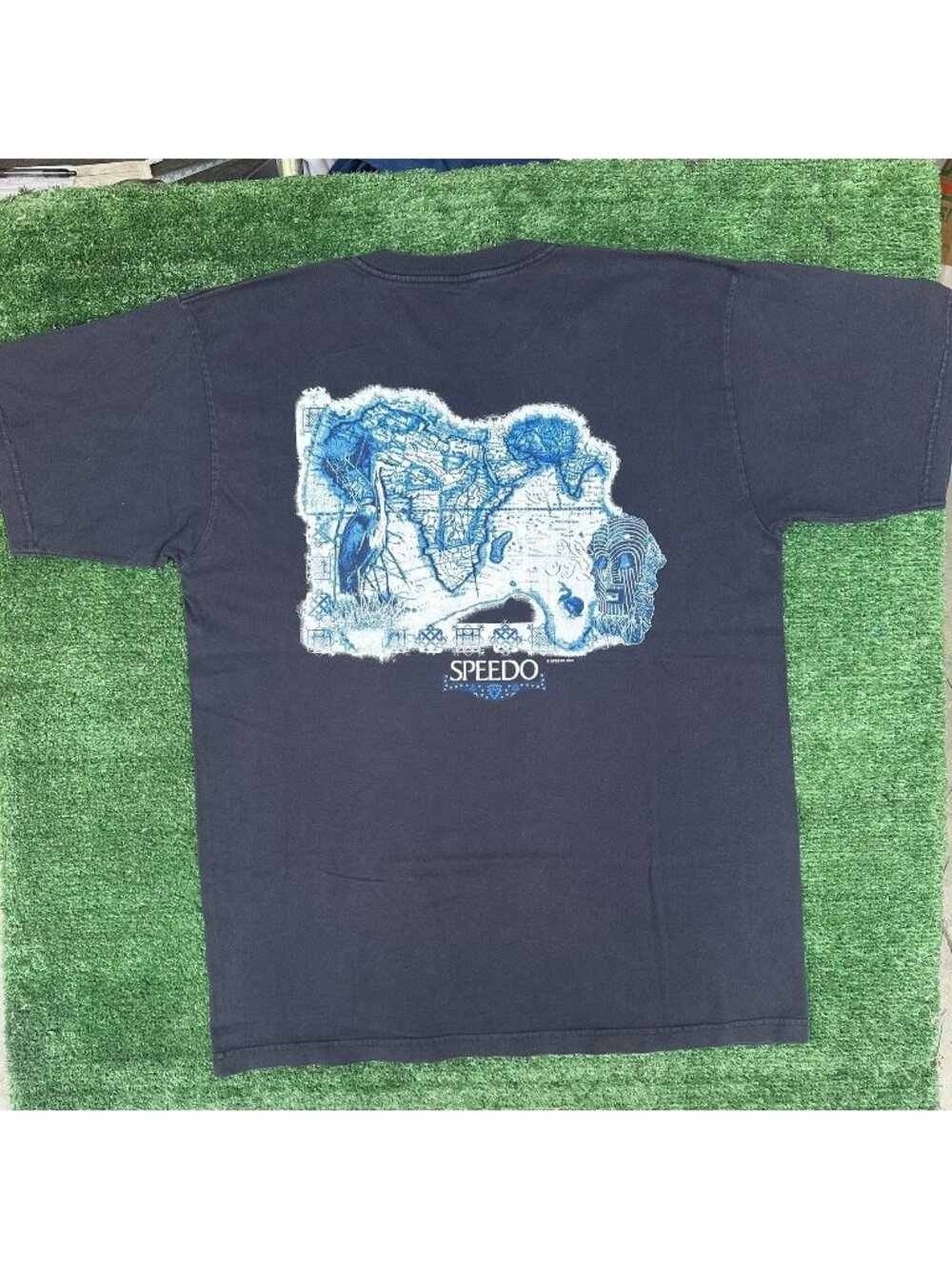 Vintage Y2K Speedo Africa Map T-Shirt Navy L Surfer Nature Tribal Nautical 2001
